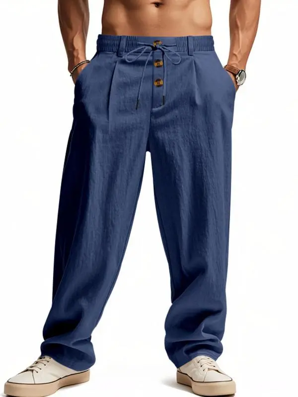 Men's Solid Button Design Linen Pants
