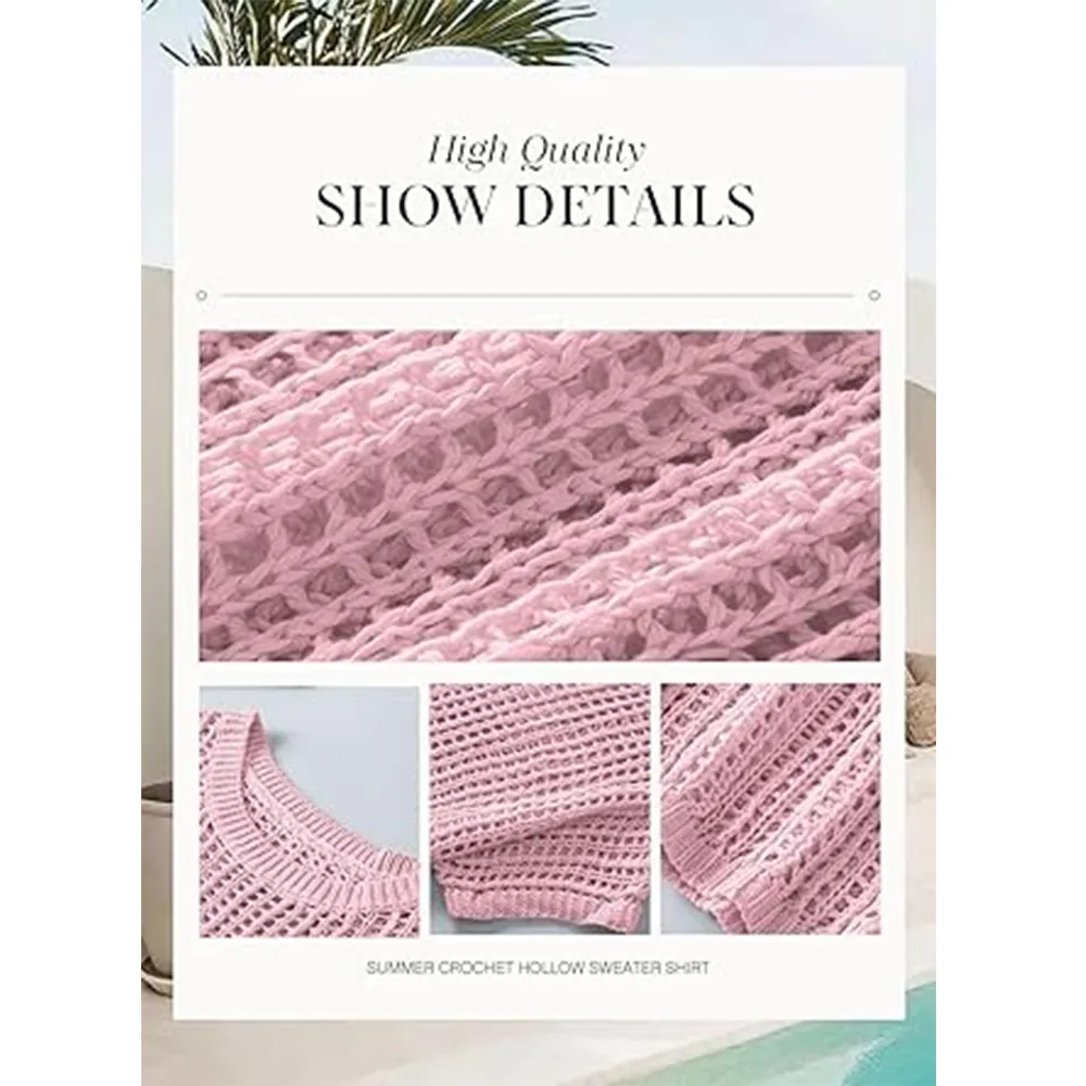 🔥Last day promotion🔥Women's Scoop Neck Crochet Knit Short Sleeve Sweater Top