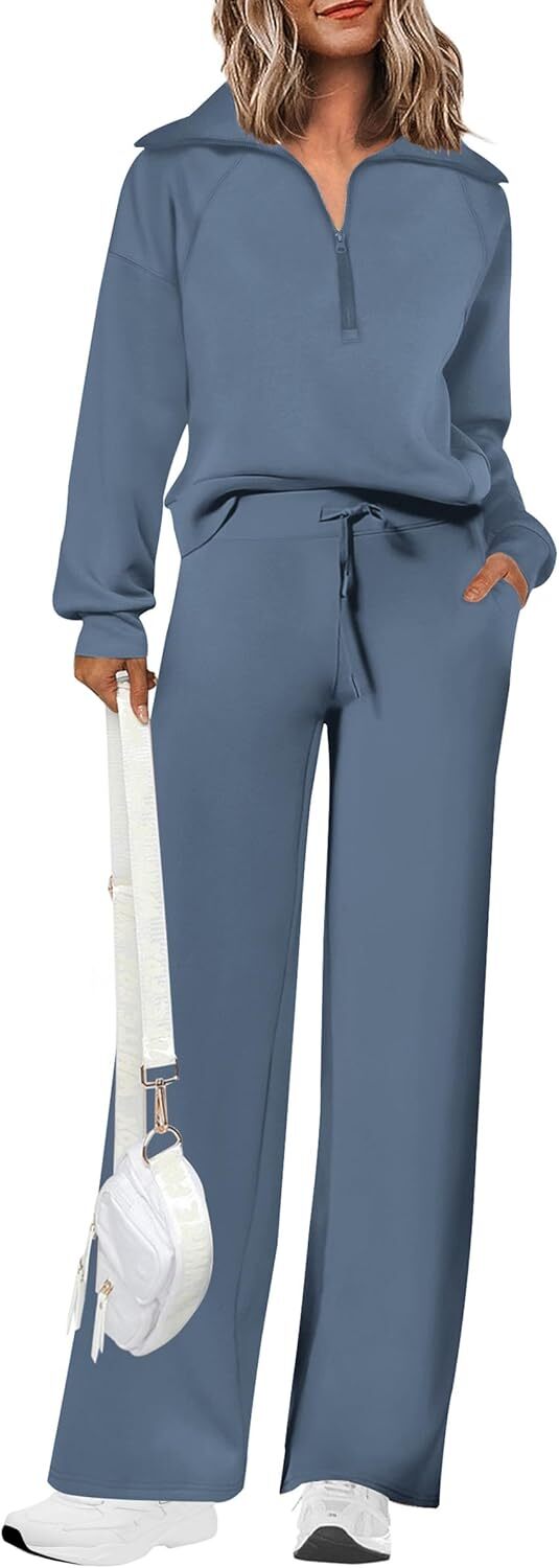 Women's 2 Piece Outfits Casual Lapel Half Zip Sweatshirts And Wide Leg Pants Tracksuit Sets