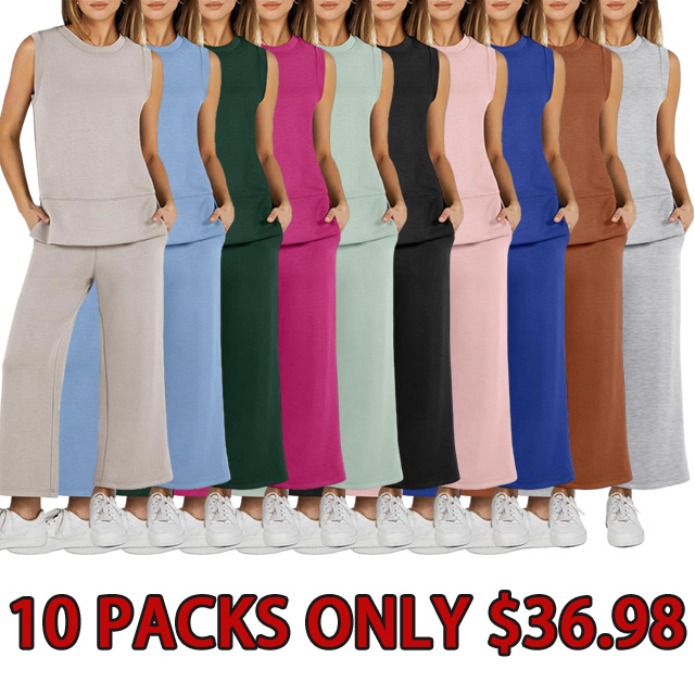 Women's 2 Piece Sets Summer Outfits Sleeveless Wide Leg Tracksuits Casual Sweat Sets Lounge Sweatsuits