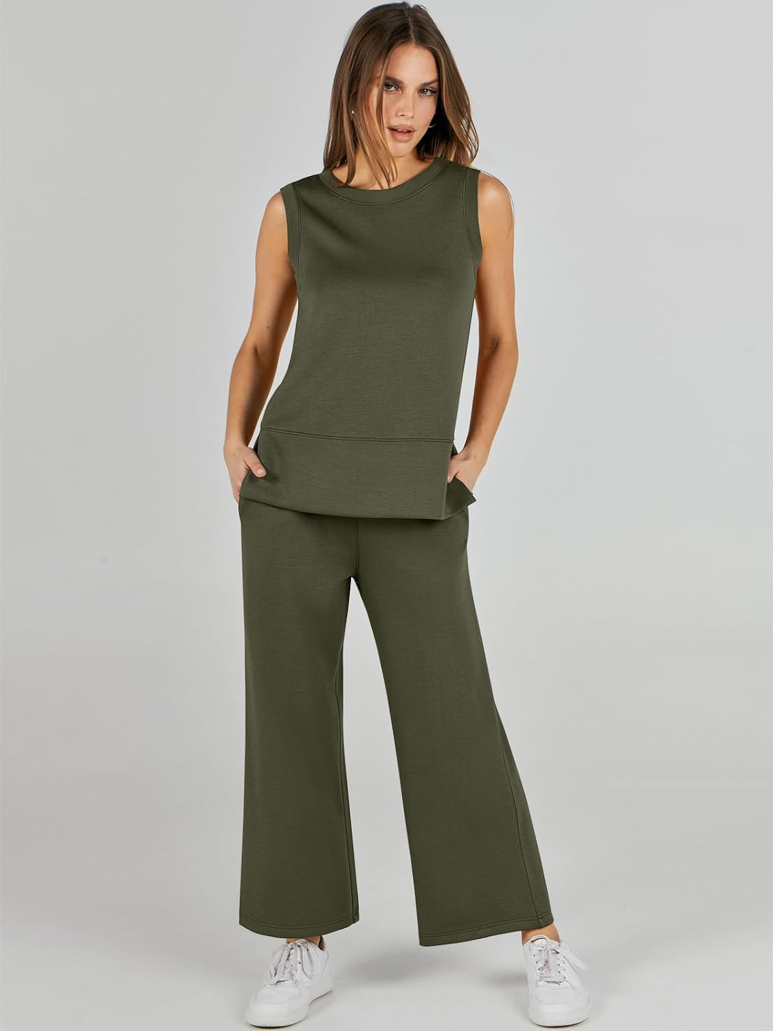 Women's 2 Piece Sets Summer Outfits Sleeveless Wide Leg Tracksuits Casual Sweat Sets Lounge Sweatsuits