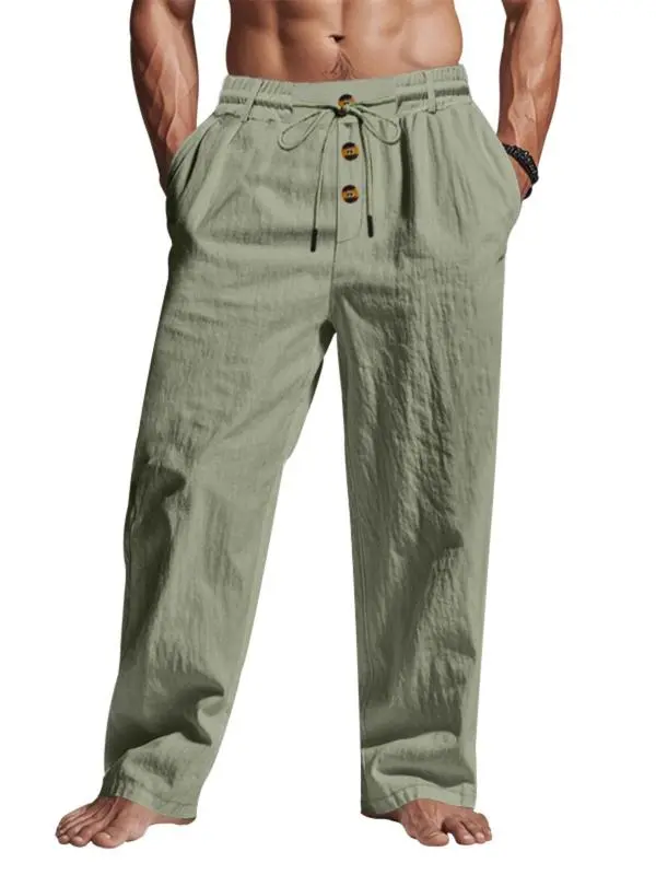 Men's Solid Button Design Linen Pants