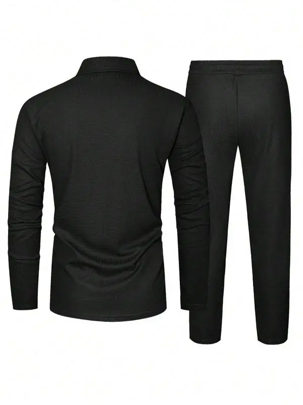 Men's Solid Textured Long Sleeve Polo Shirt & Drawstring Waist Pants Set