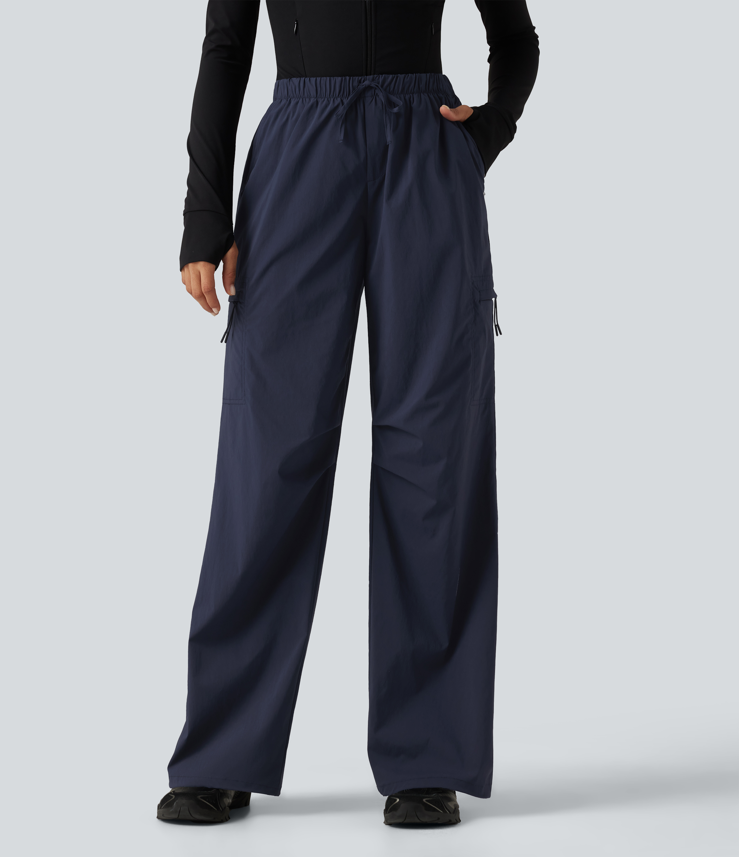 Mid Rise Drawstring Ruched Wide Leg Hiking Pants with Pockets