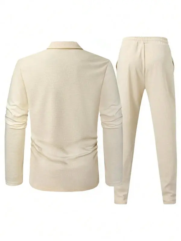 Men's Solid Textured Long Sleeve Polo Shirt & Drawstring Waist Pants Set