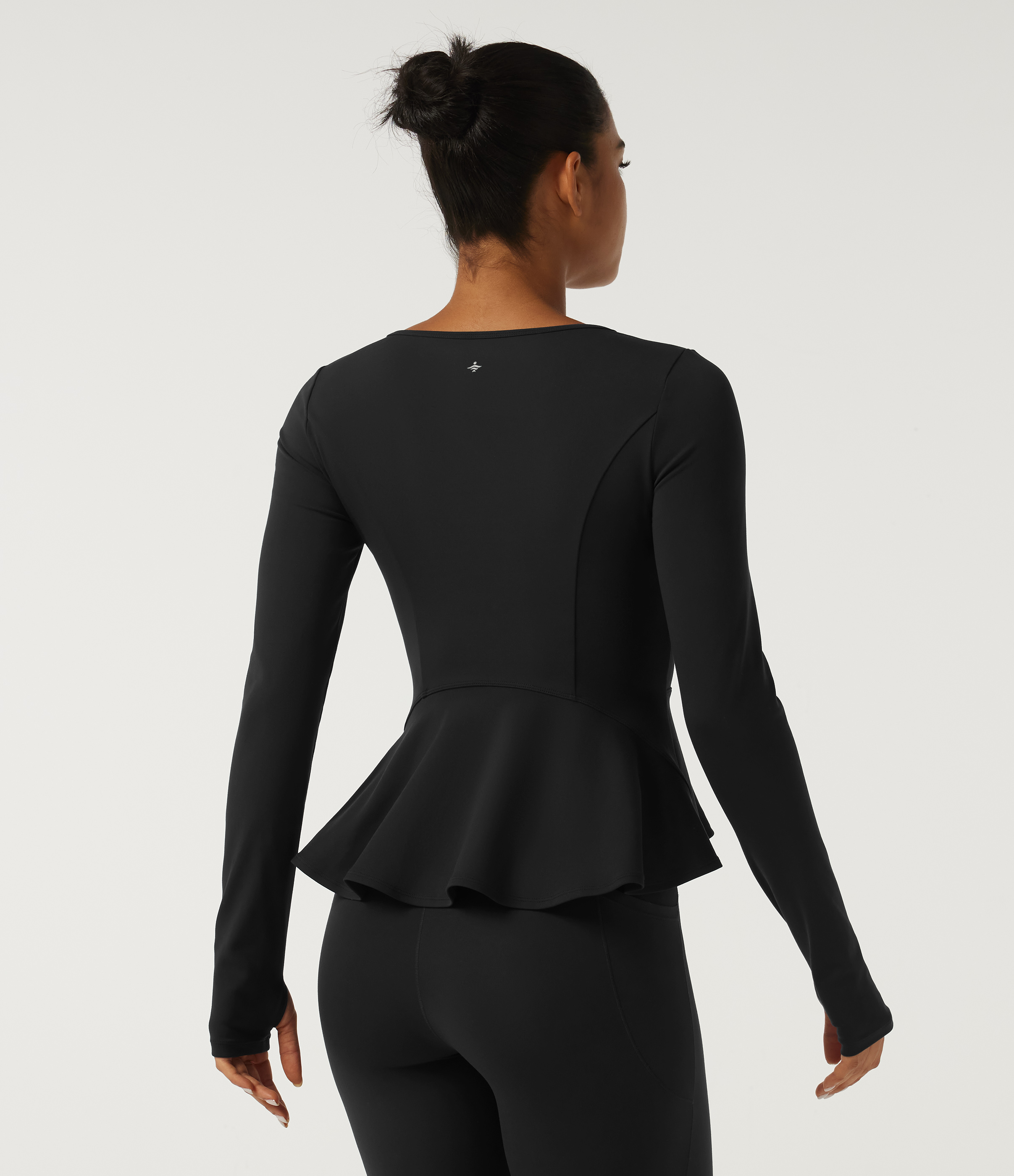 Round Neck Long Sleeve Ruffle Hem Yoga Sports Top with Thumbholes