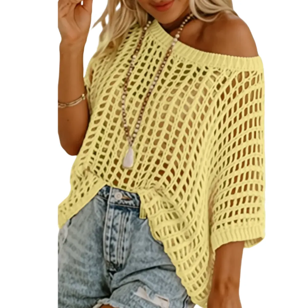 🔥Last day promotion🔥Women's Scoop Neck Crochet Knit Short Sleeve Sweater Top