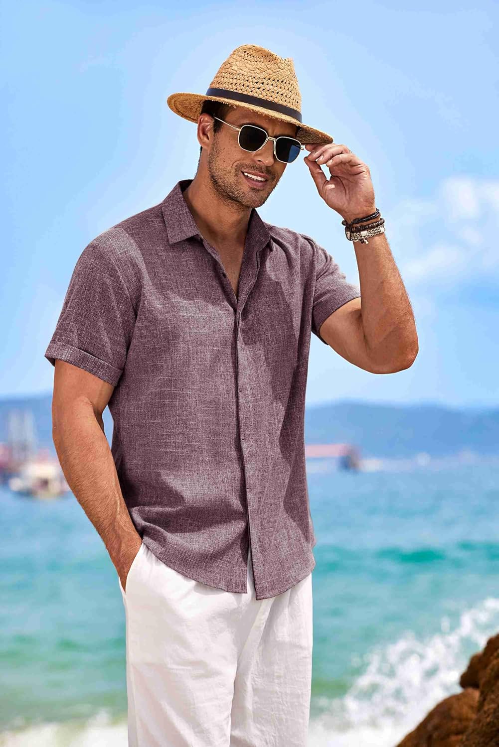 Men's Linen Shirts Short Sleeve Casual Shirts Button Down Shirt for Men Beach Summer Wedding Shirt