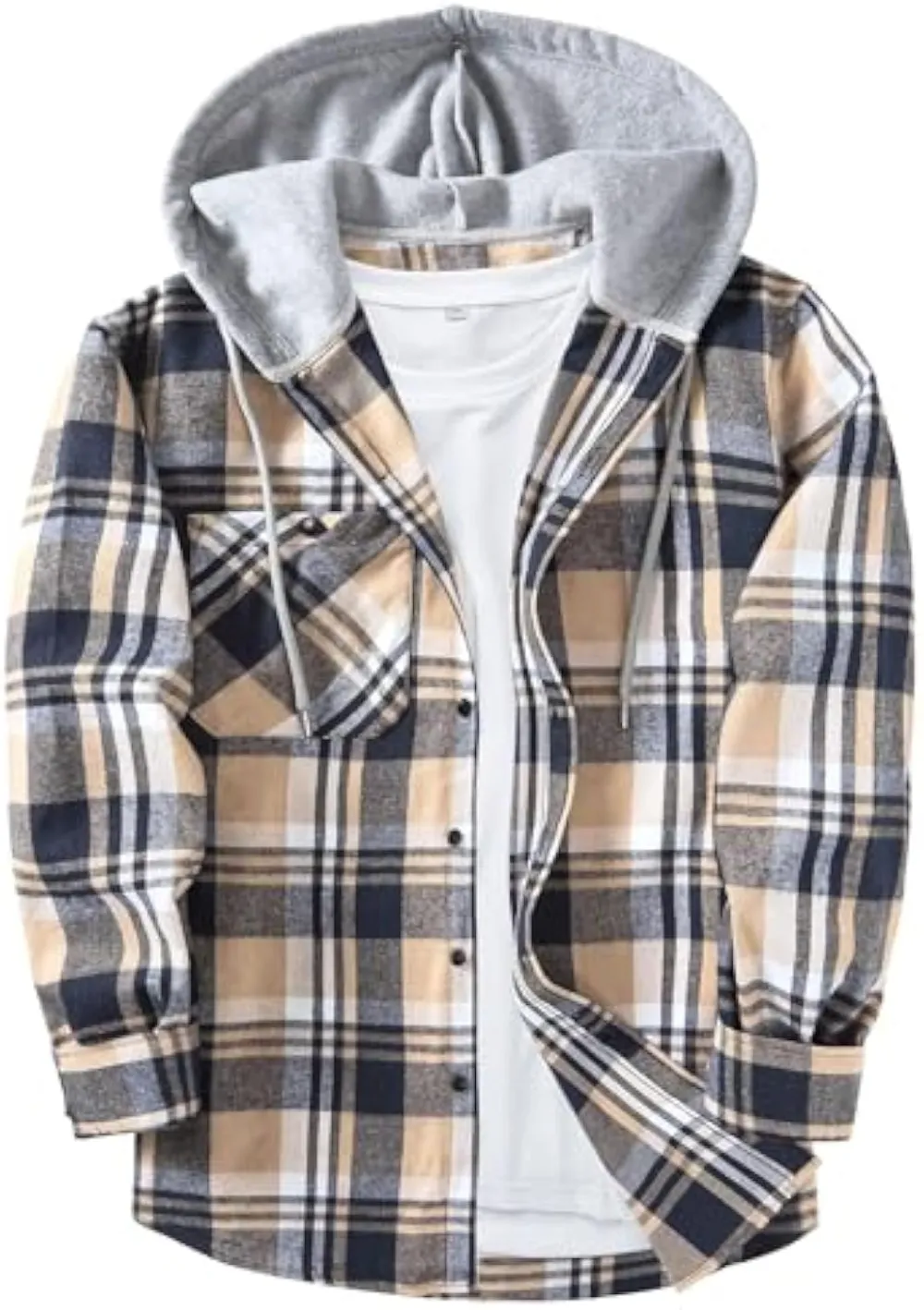 Men’s Plus Size Plaid Patchwork Hooded Jacket – Button Front Casual Outerwear with Pockets