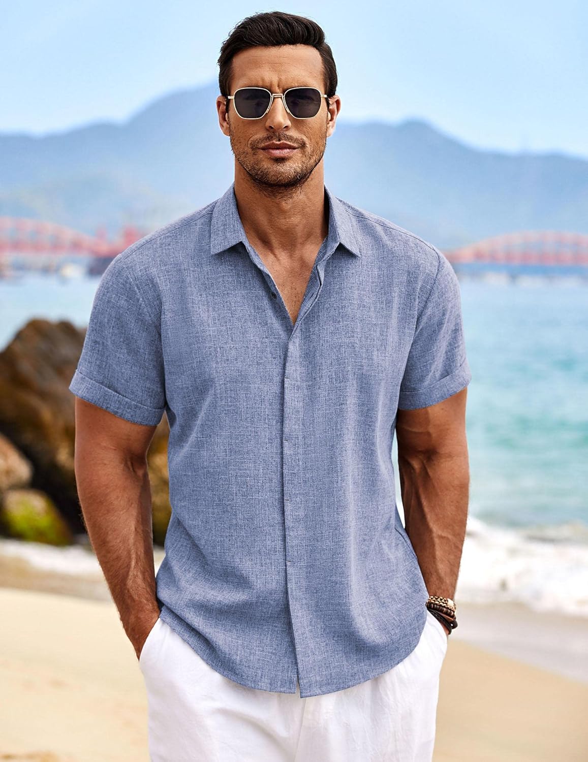 Men's Linen Shirts Short Sleeve Casual Shirts Button Down Shirt for Men Beach Summer Wedding Shirt