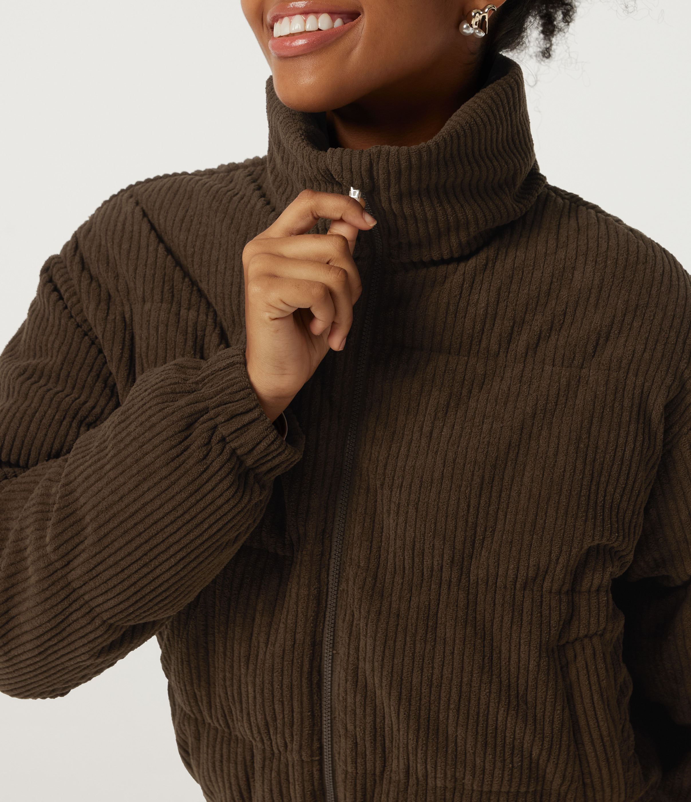 Stand Collar Corduroy Casual Puffer Jacket with Pockets