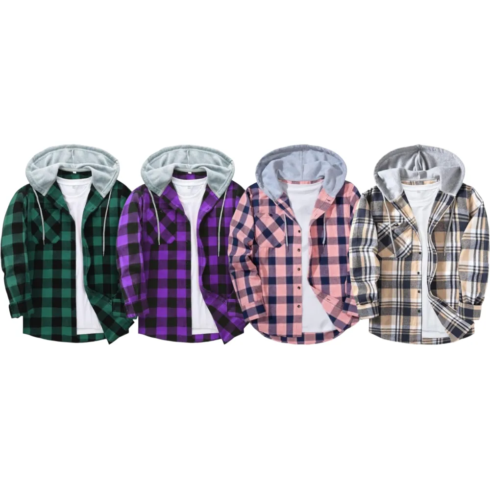 Men’s Plus Size Plaid Patchwork Hooded Jacket – Button Front Casual Outerwear with Pockets
