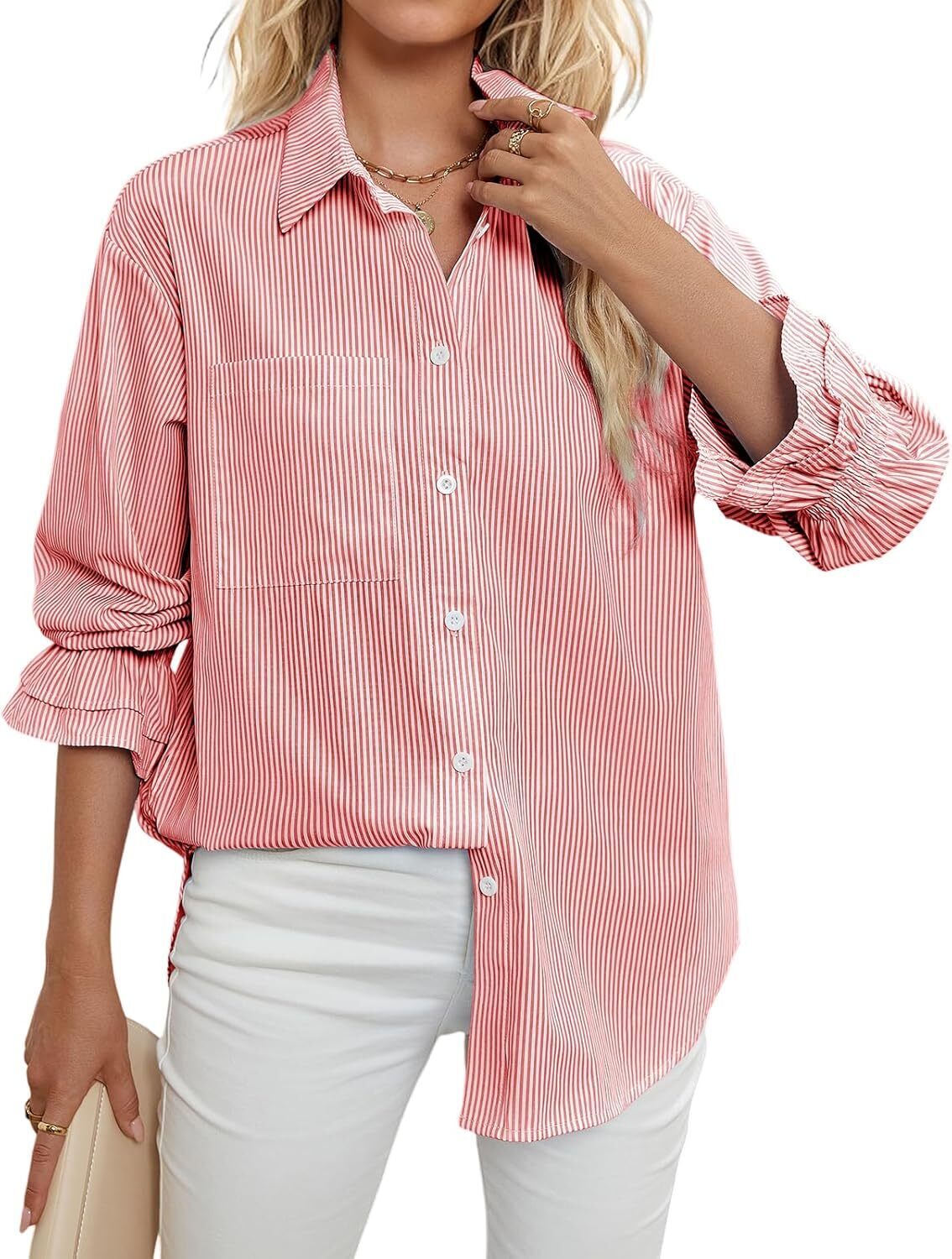Women's Striped Button Down Shirts Smocked Cuffed Boyfriend Shirt Long Sleeve Blouse Top with 3 Pockets