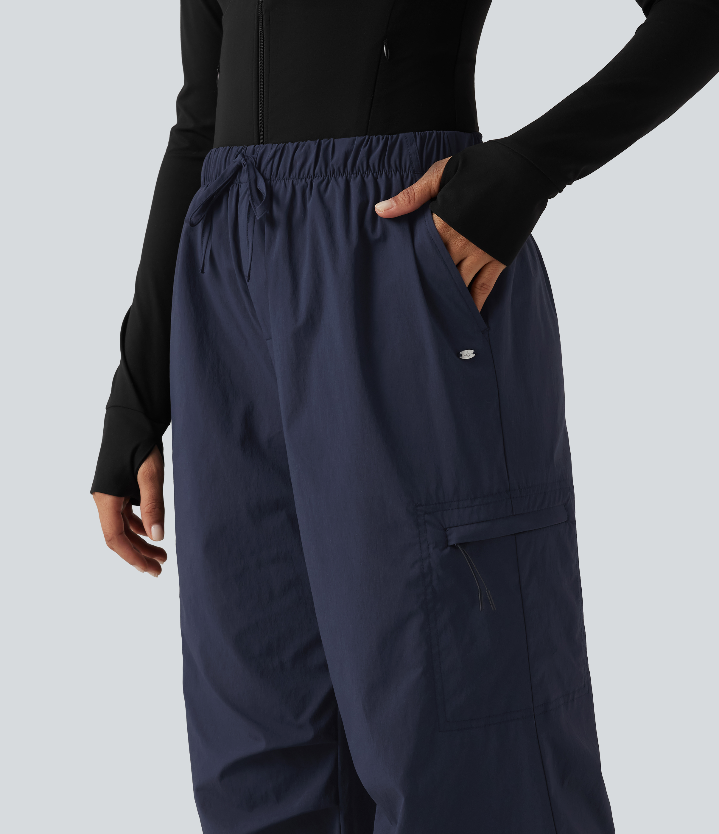Mid Rise Drawstring Ruched Wide Leg Hiking Pants with Pockets