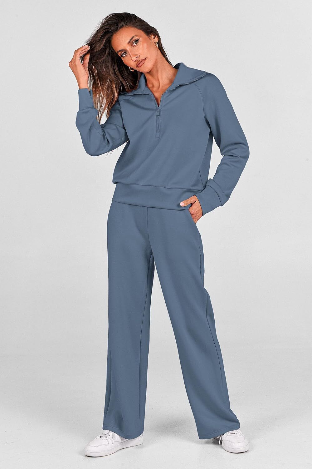 Women's 2 Piece Outfits Casual Lapel Half Zip Sweatshirts And Wide Leg Pants Tracksuit Sets