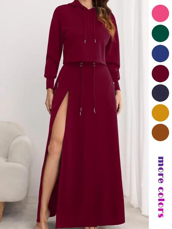 Women's Solid Drawstring Hoodie & Split Thigh Skirt Set, Long Sleeve Top & Pocket Long Skirt, Casual Fashion Cozy Co-ord Set, Women Clothes