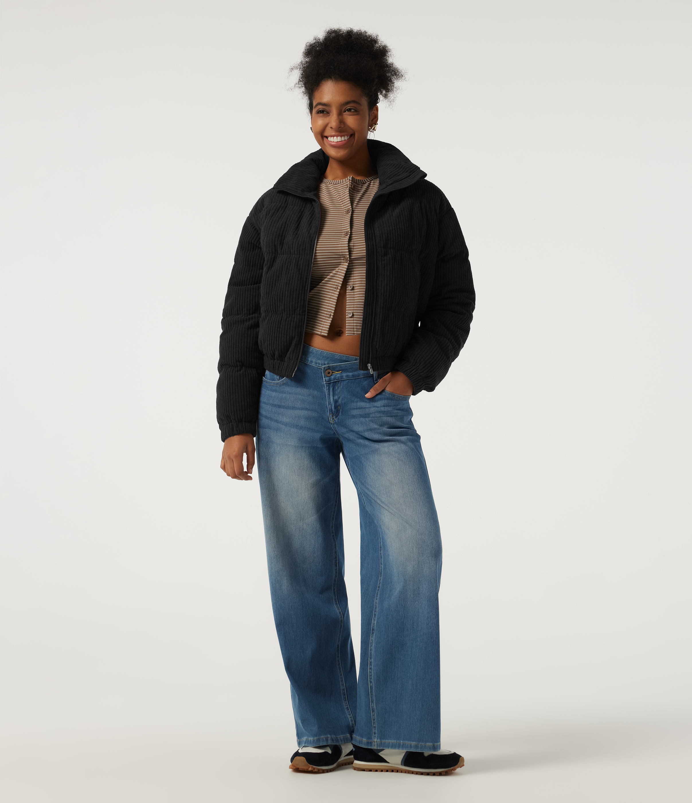 Stand Collar Corduroy Casual Puffer Jacket with Pockets