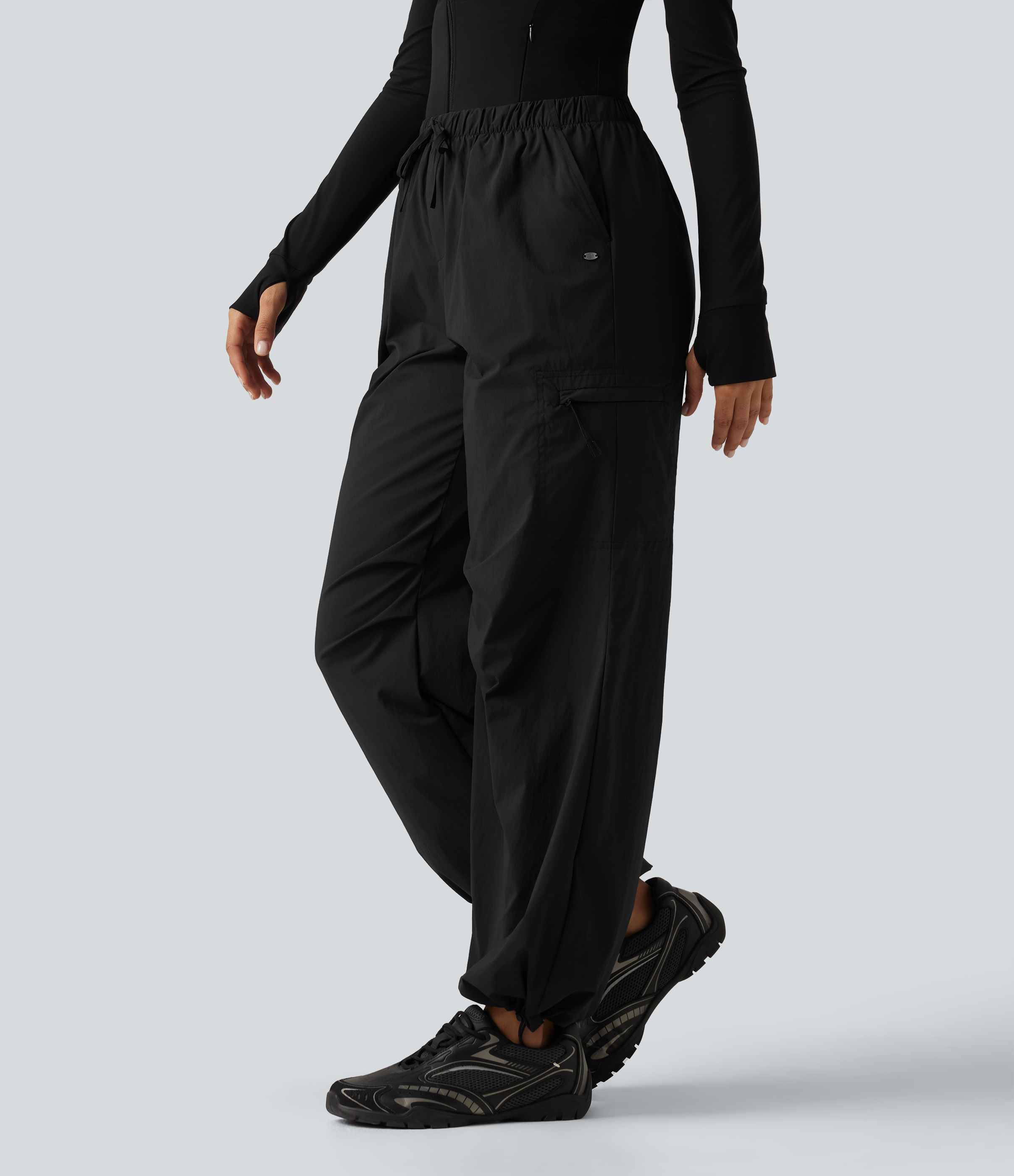 Mid Rise Drawstring Ruched Wide Leg Hiking Pants with Pockets