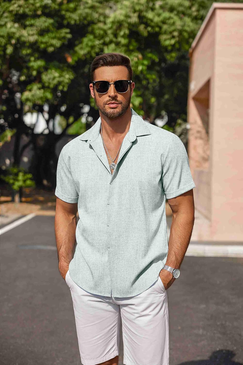 Men's Linen Shirts Short Sleeve Casual Shirts Button Down Shirt for Men Beach Summer Wedding Shirt