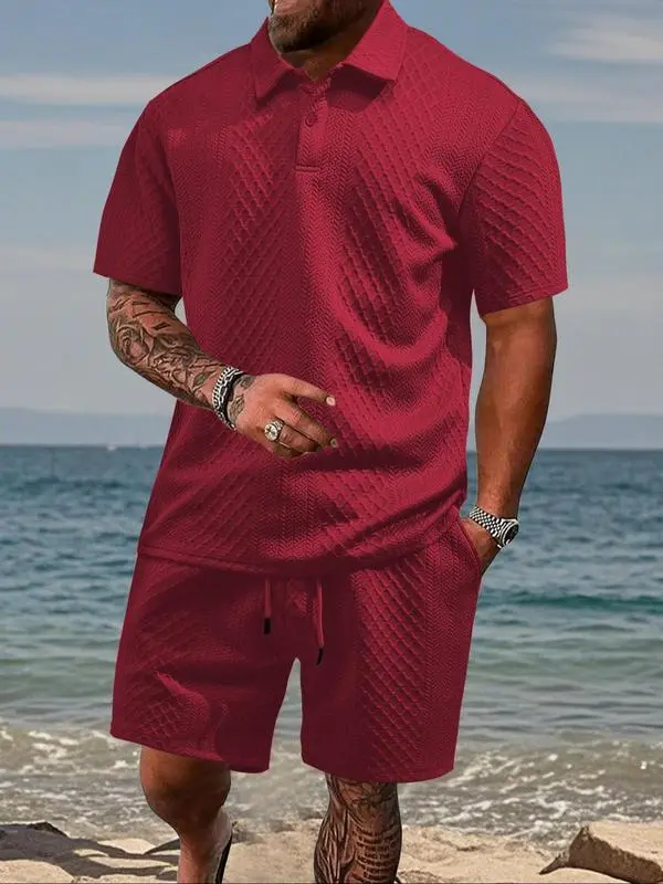 Men's Solid Polo & Drawstring Shorts Set Cozy, Breathable for Daily/Beach, Summer Casual