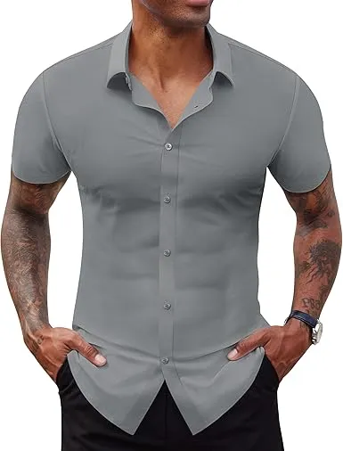 Men's Short Sleeve Stretch Slim Fit Casual Button Down Shirts