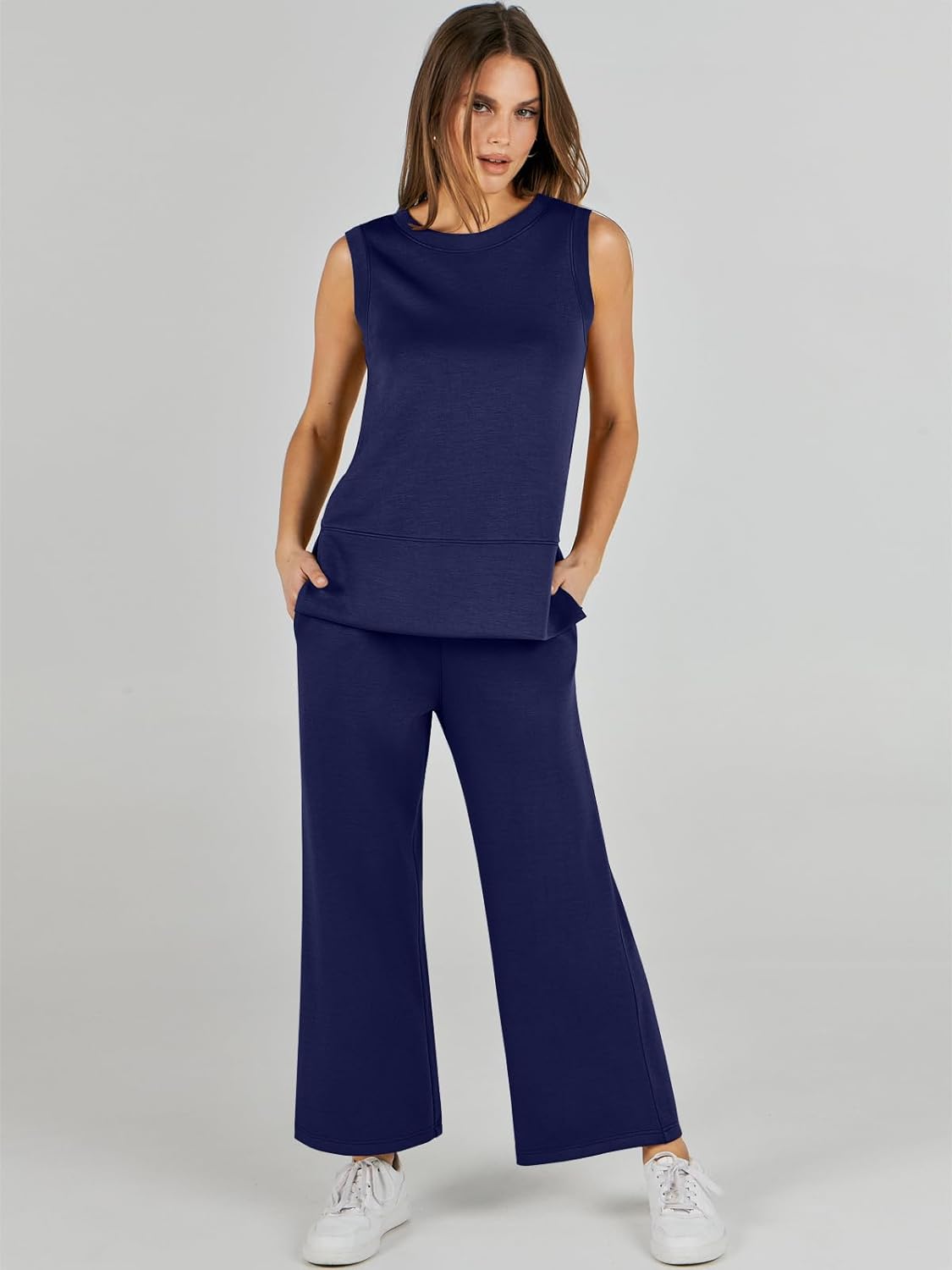 Women's 2 Piece Sets Summer Outfits Sleeveless Wide Leg Tracksuits Casual Sweat Sets Lounge Sweatsuits
