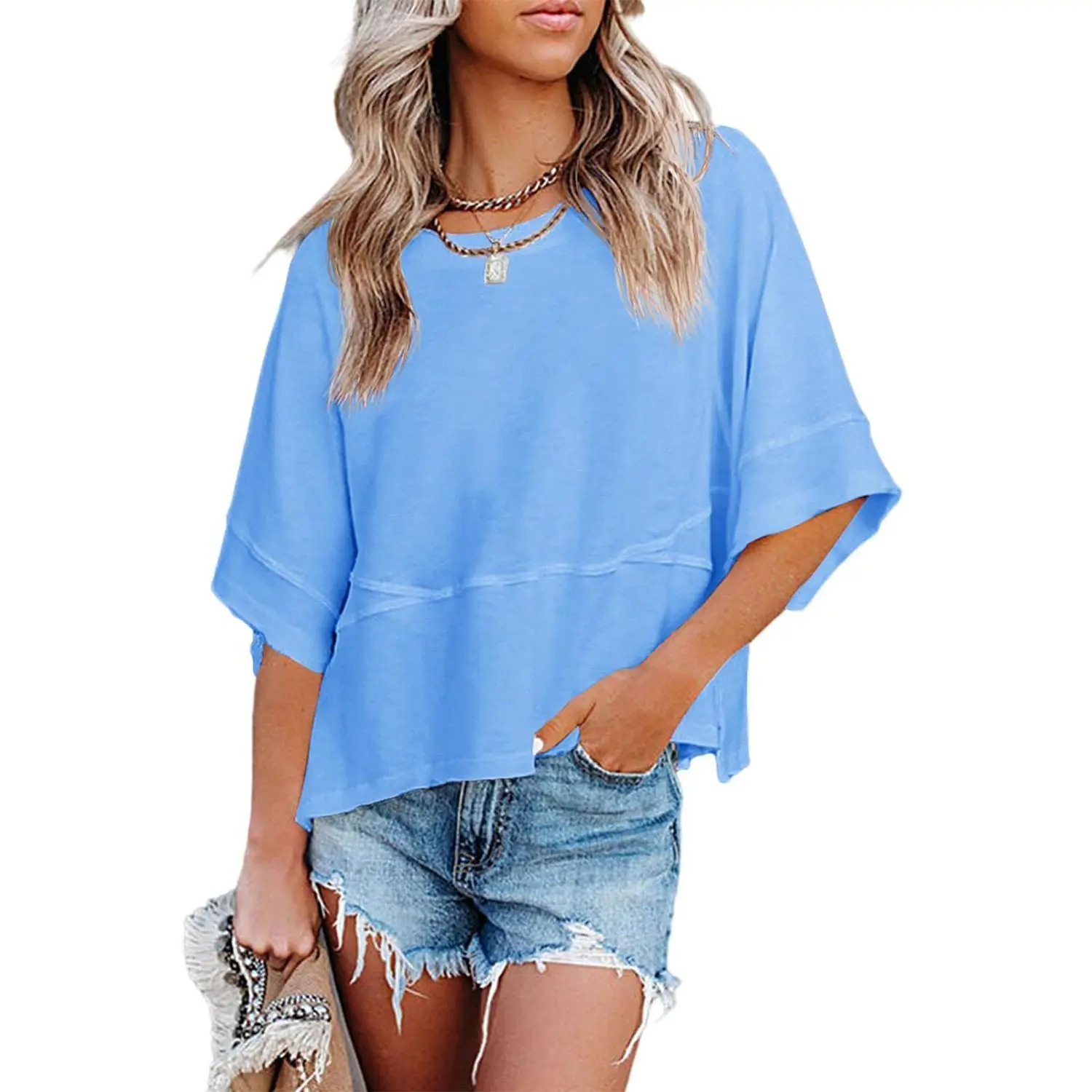 🔥Women's Summer Casual Crewneck Batwing Half Sleeve T-Shirts Solid Color Loose Fit Cute Basic Flowy Tops Tees Blouses