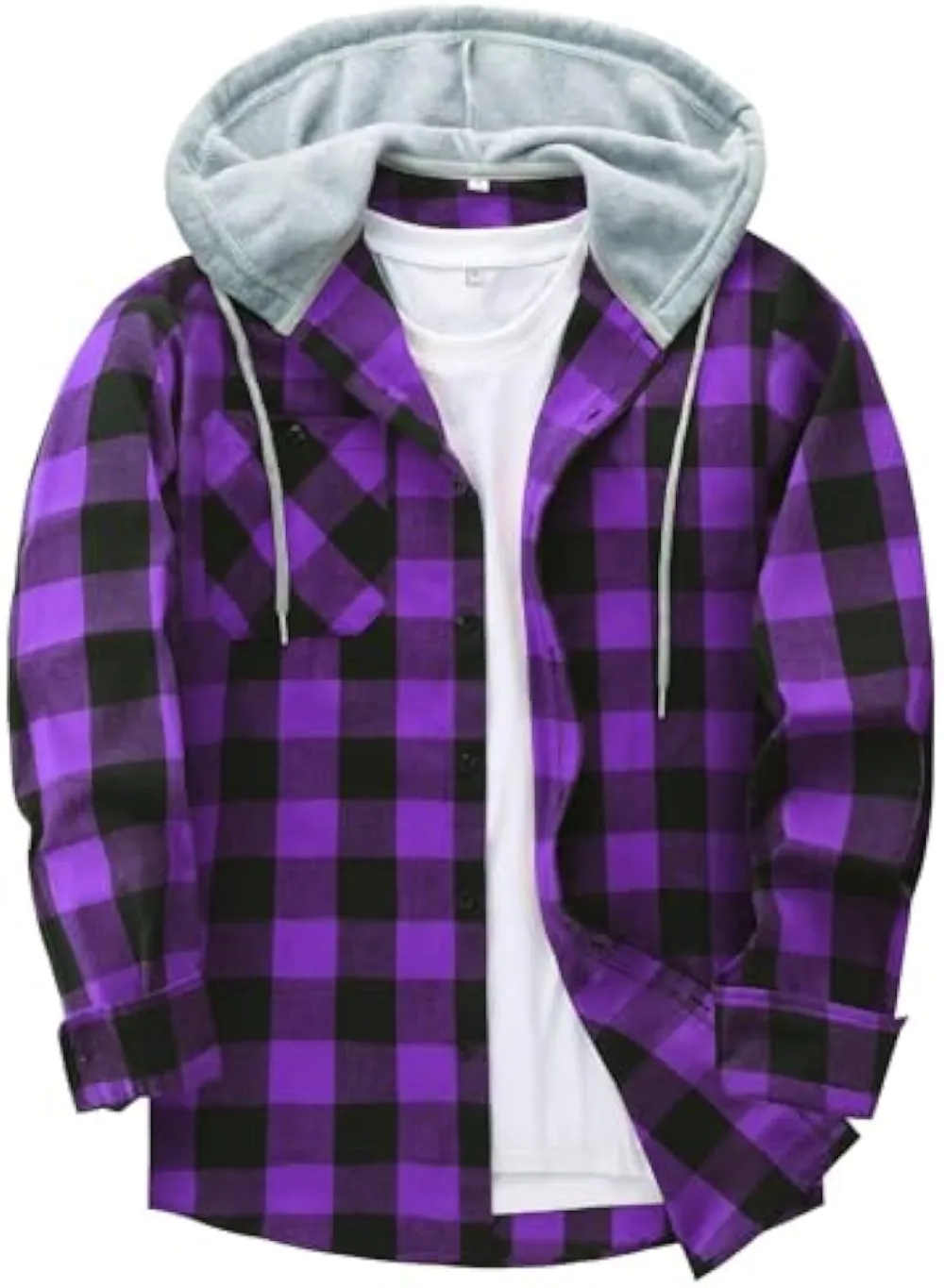 Men’s Plus Size Plaid Patchwork Hooded Jacket – Button Front Casual Outerwear with Pockets
