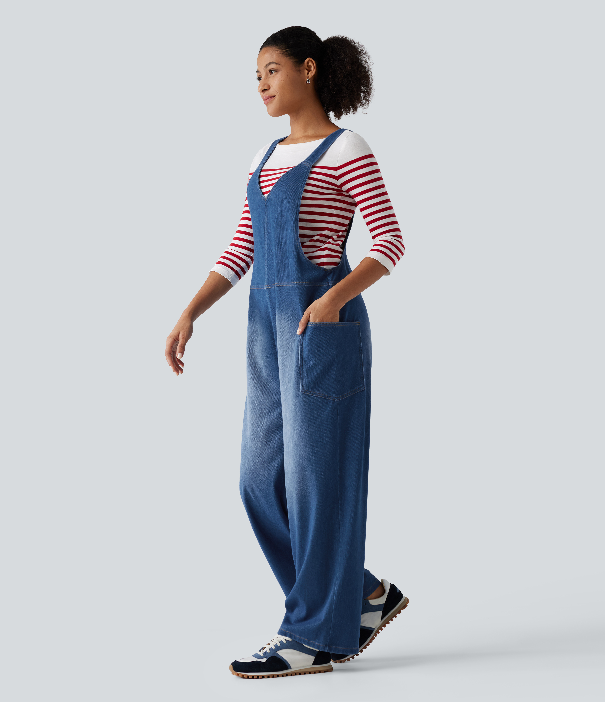 Halara Flex™ V Neck Wide Leg Denim Casual Overalls with Pockets