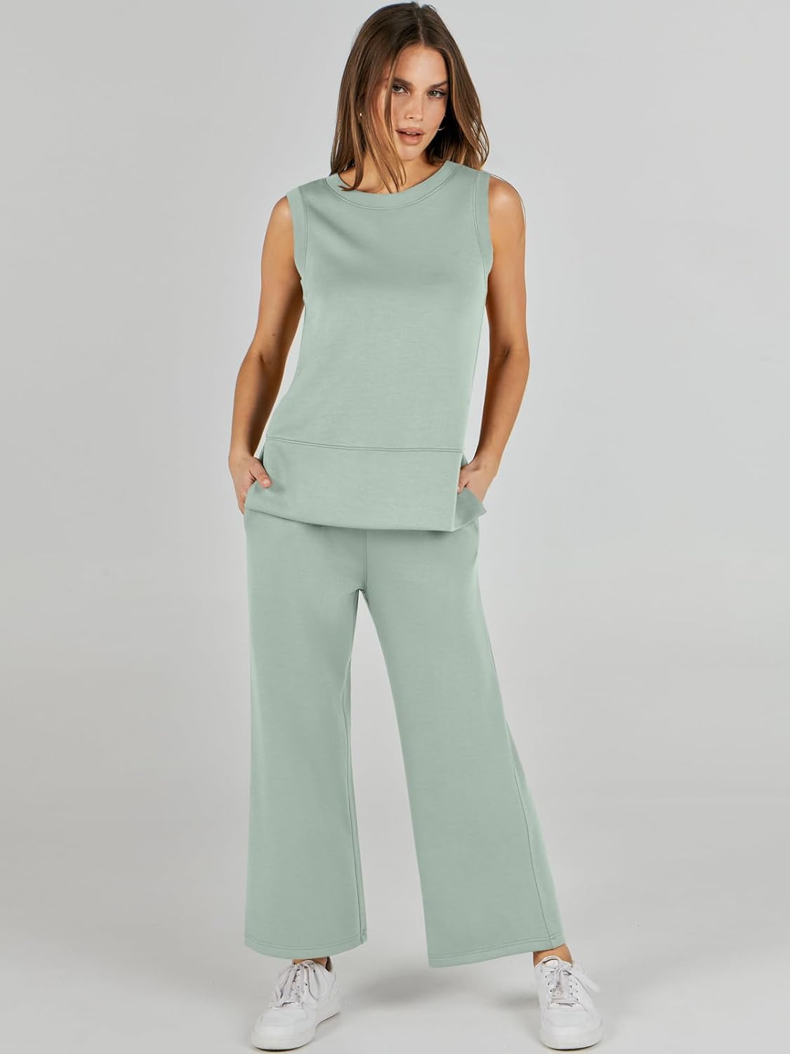 Women's 2 Piece Sets Summer Outfits Sleeveless Wide Leg Tracksuits Casual Sweat Sets Lounge Sweatsuits
