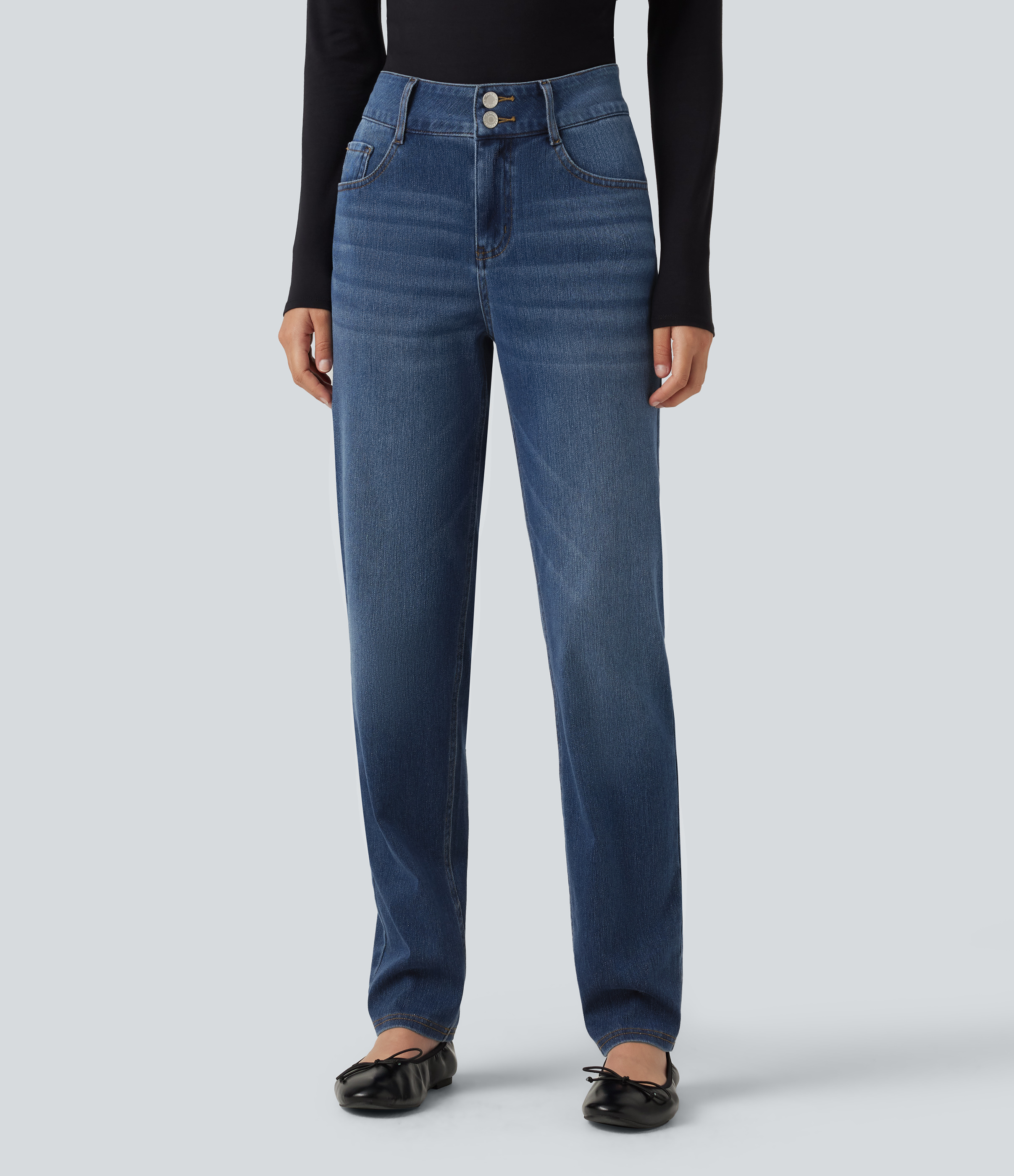 Halara Flex™ Mid Rise Straight Leg Casual Cotton Jeans with Pockets