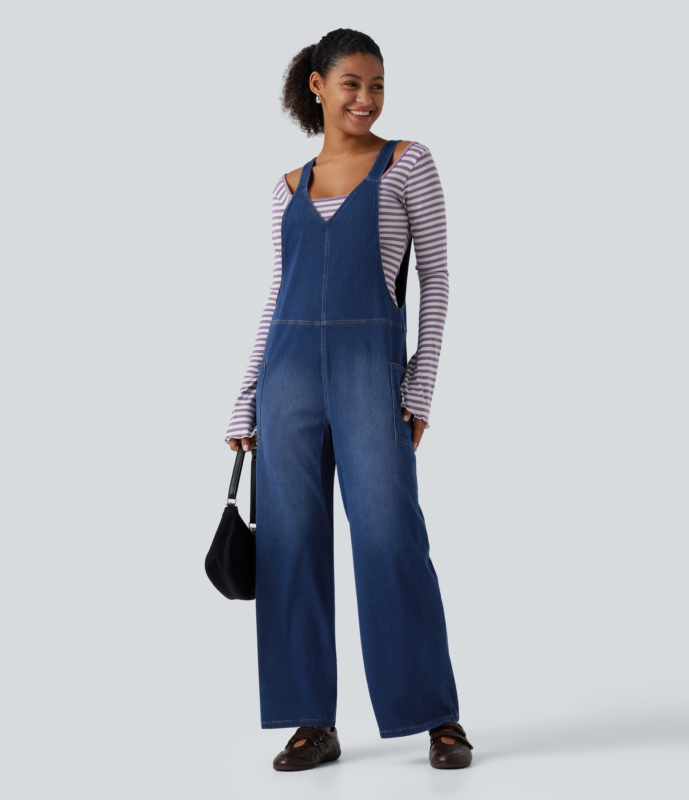 Halara Flex™ V Neck Wide Leg Denim Casual Overalls with Pockets