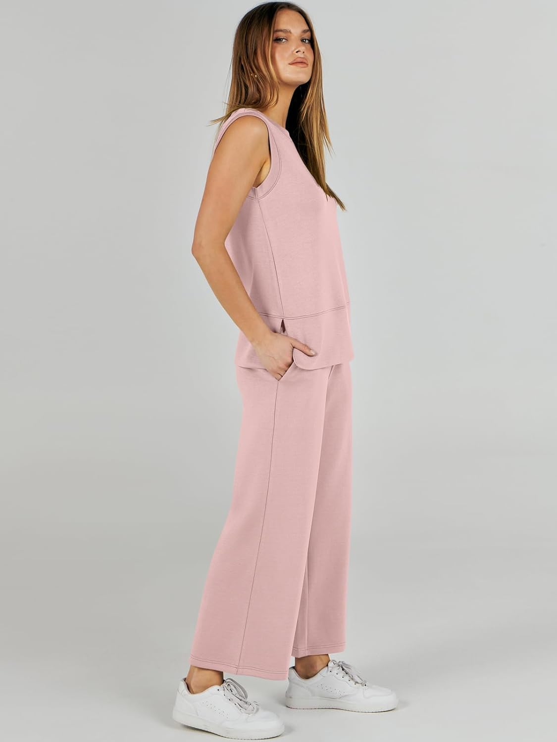Women's 2 Piece Sets Summer Outfits Sleeveless Wide Leg Tracksuits Casual Sweat Sets Lounge Sweatsuits