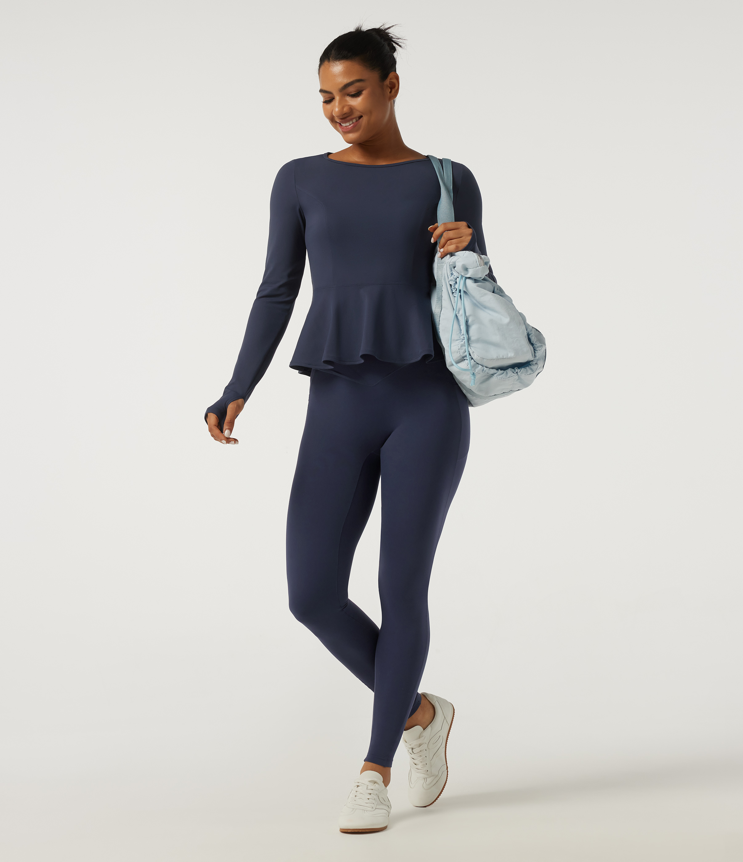 Round Neck Long Sleeve Ruffle Hem Yoga Sports Top with Thumbholes