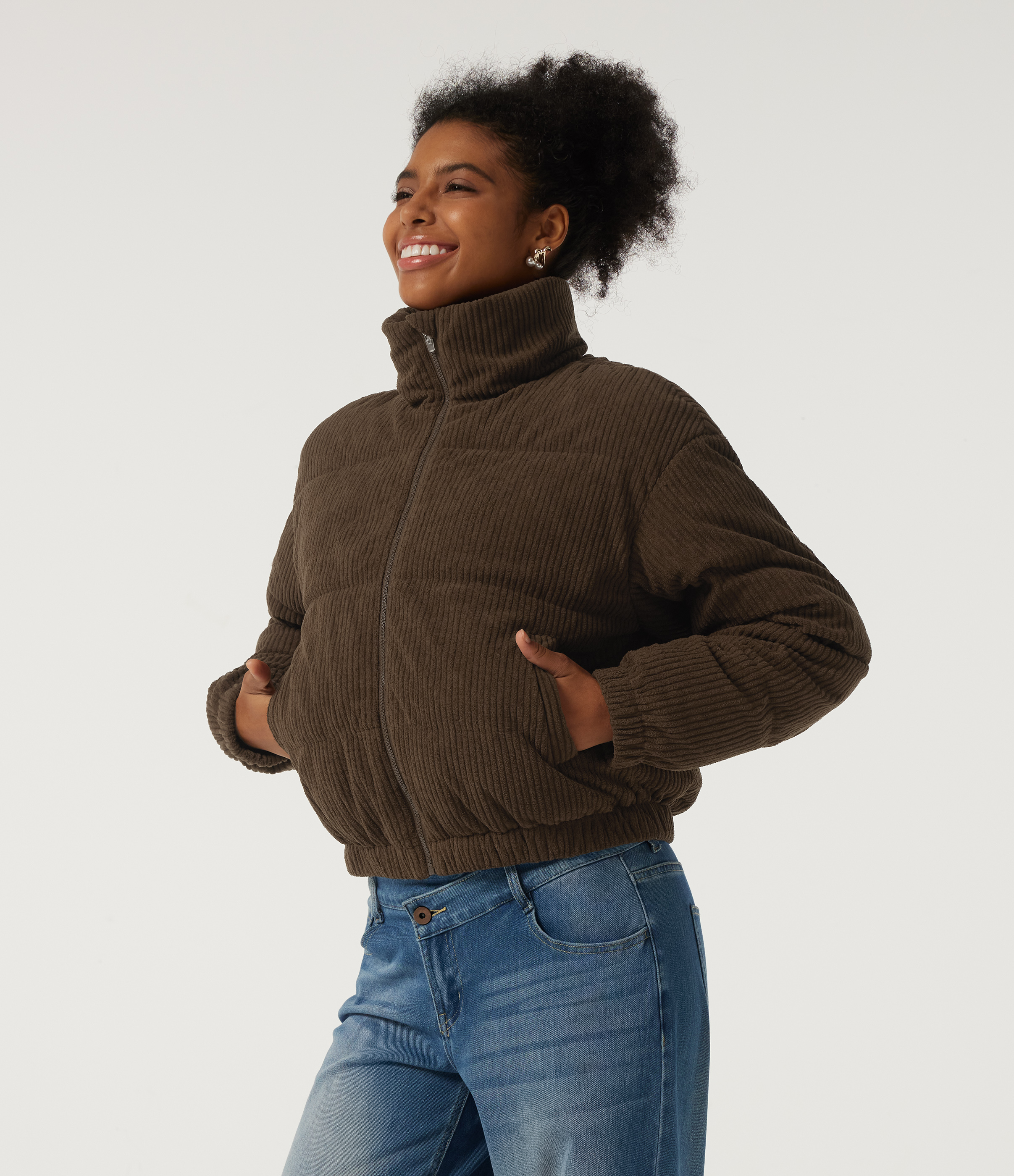 Stand Collar Corduroy Casual Puffer Jacket with Pockets