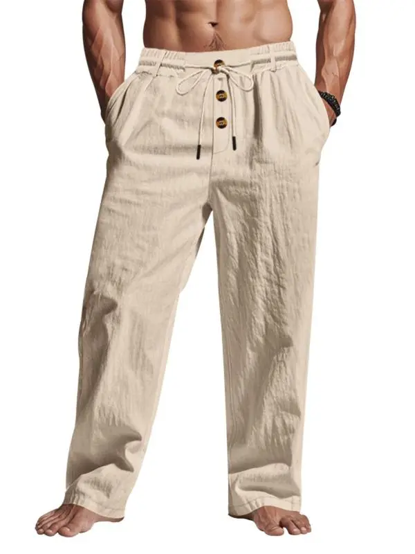 Men's Solid Button Design Linen Pants