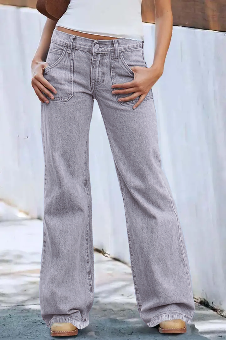 Wash Raw Hem Flap Pocket Wide Leg Low Rise Jeans