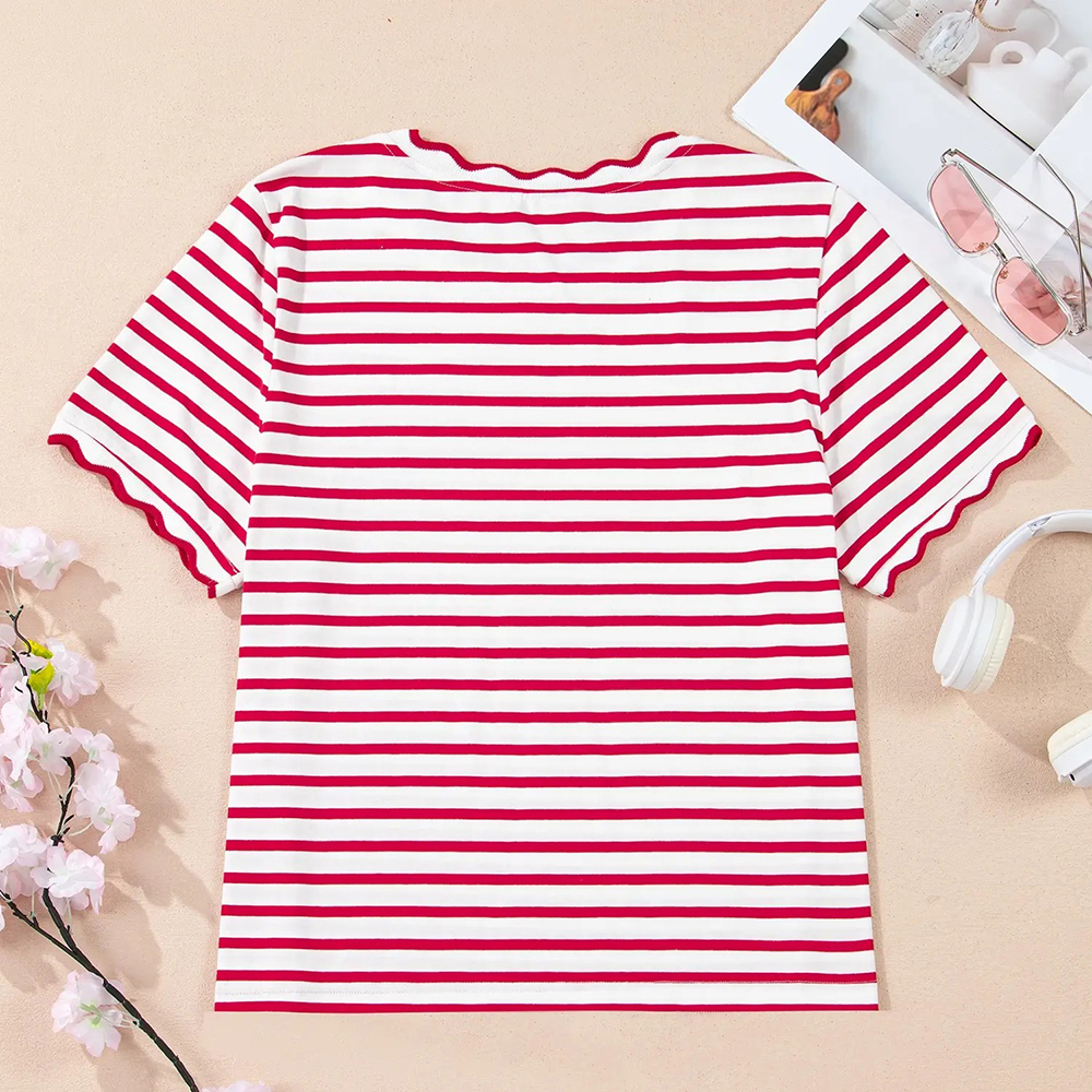 Women's Top Stripe Scalloped Trim Round Neck T Shirt
