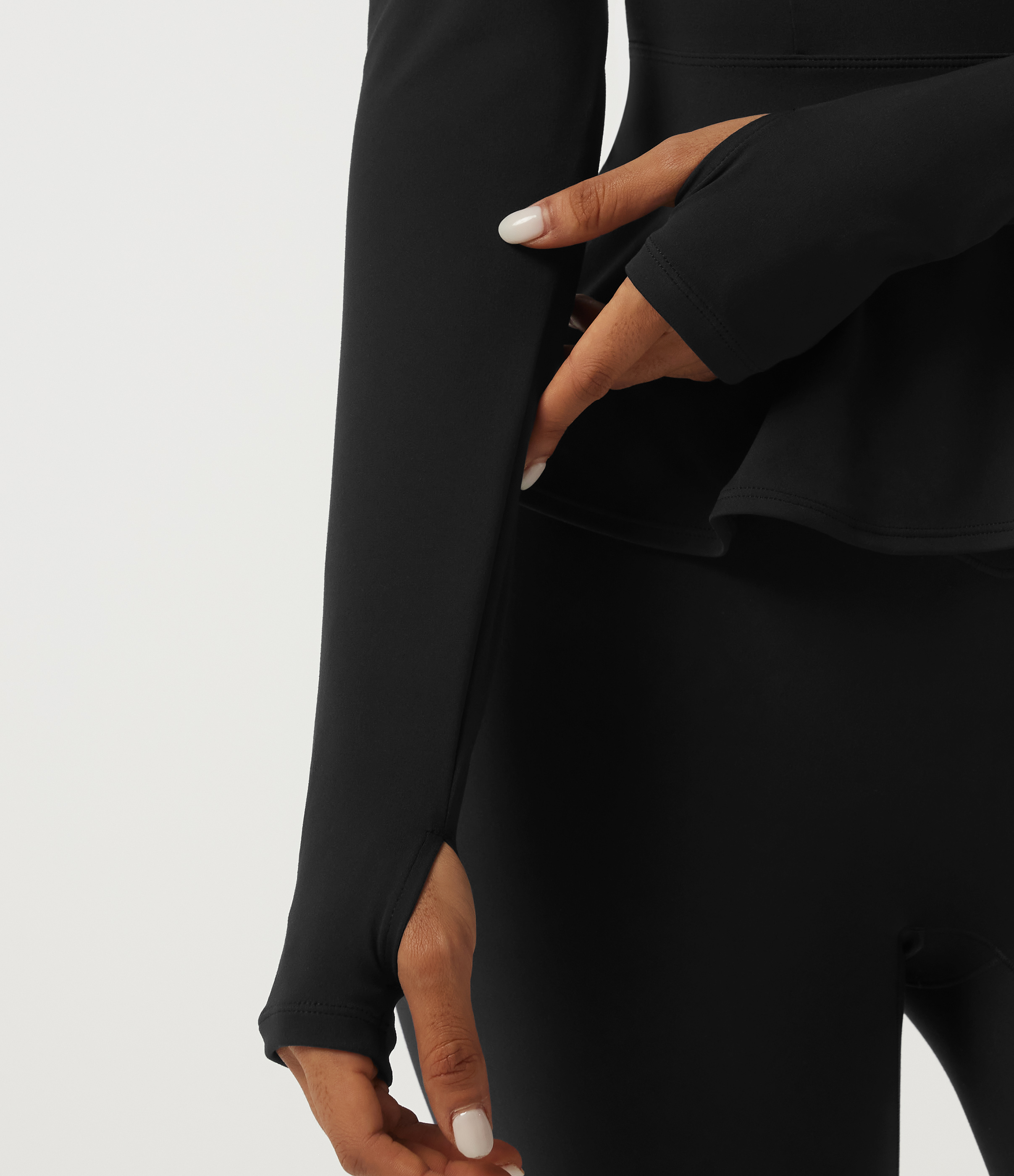 Round Neck Long Sleeve Ruffle Hem Yoga Sports Top with Thumbholes
