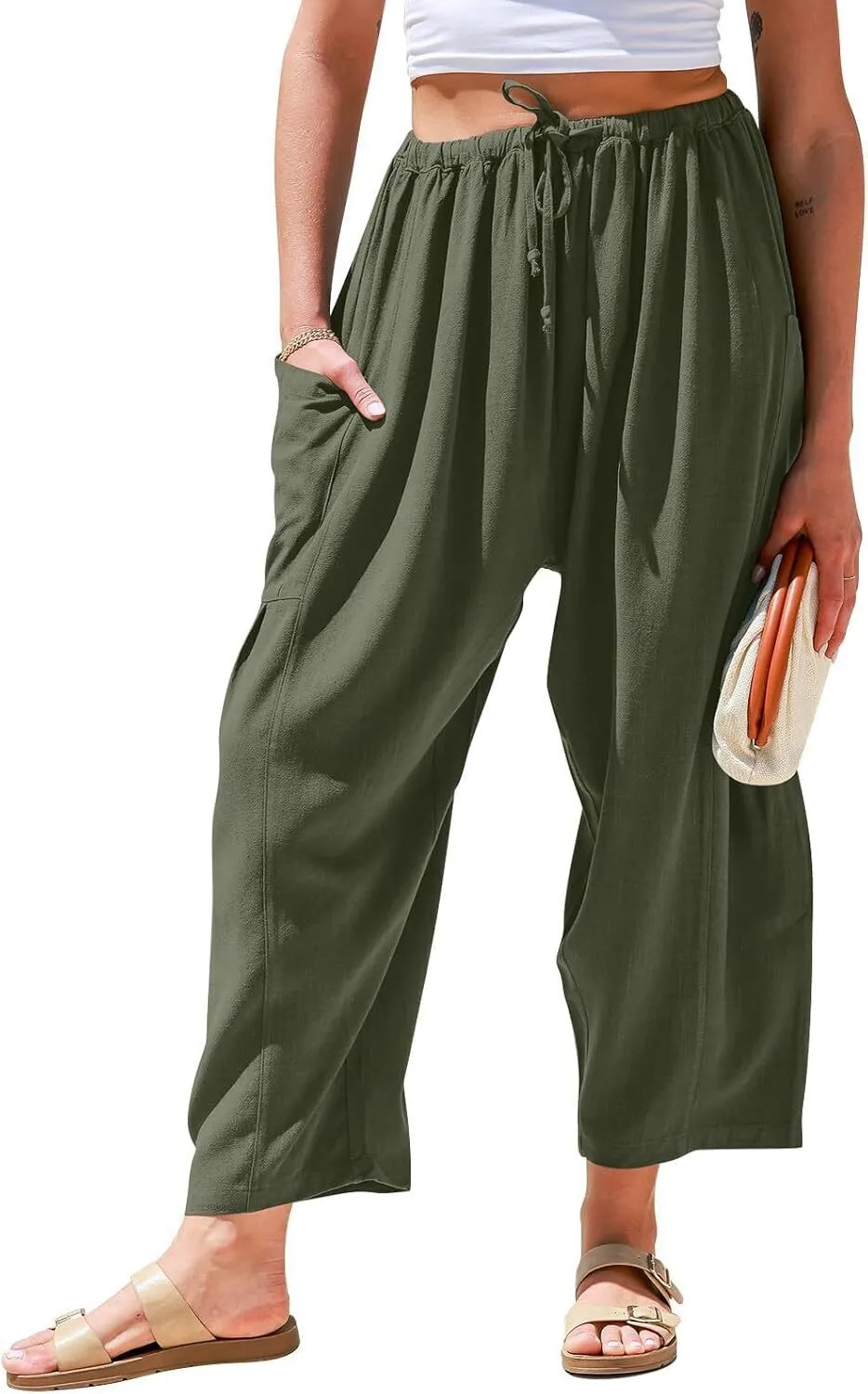 Women's Linen Wide Leg Pants Casual Loose Drawstring Low Waist with Pockets
