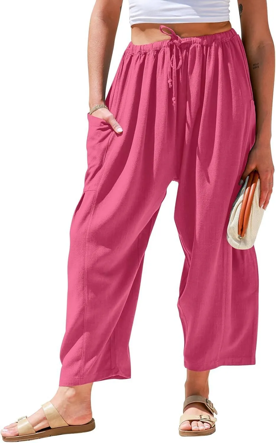 Women's Linen Wide Leg Pants Casual Loose Drawstring Low Waist with Pockets