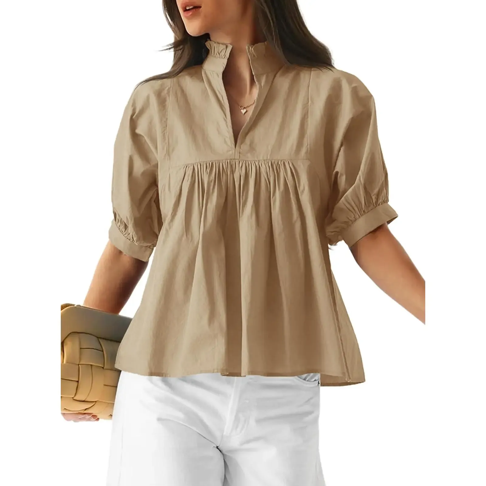 Womens V Neck Puff Sleeve Blouse Babydoll Peplum Tops Dressy Casual Pleated Loose Fit Shirts