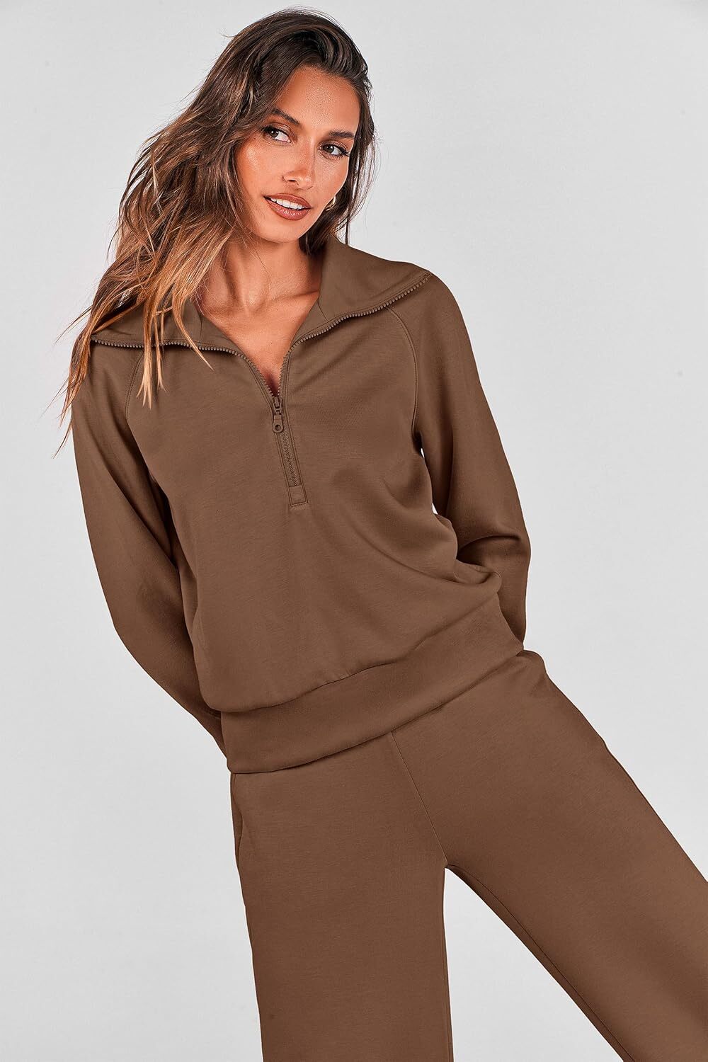 Women's 2 Piece Outfits Casual Lapel Half Zip Sweatshirts And Wide Leg Pants Tracksuit Sets