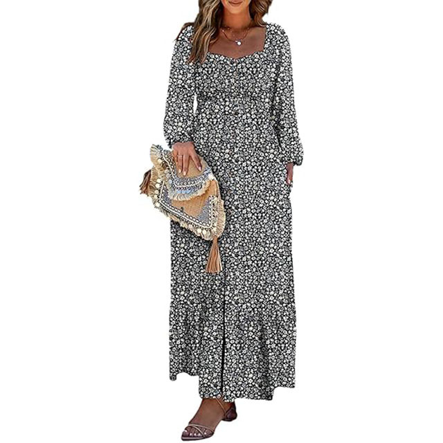 🔥2025 CRAZY DEAL🔥Spring Dresses for Women 2025 Boho Floral Smocked Square Neck Long Sleeve Button Down Beach Long Maxi Dress