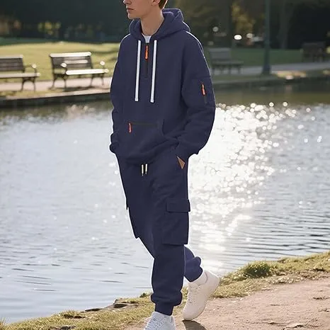 Men’s Fleece-Lined 2-Piece Tracksuit: Tactical Quarter-Zip Hoodie + Cargo Joggers