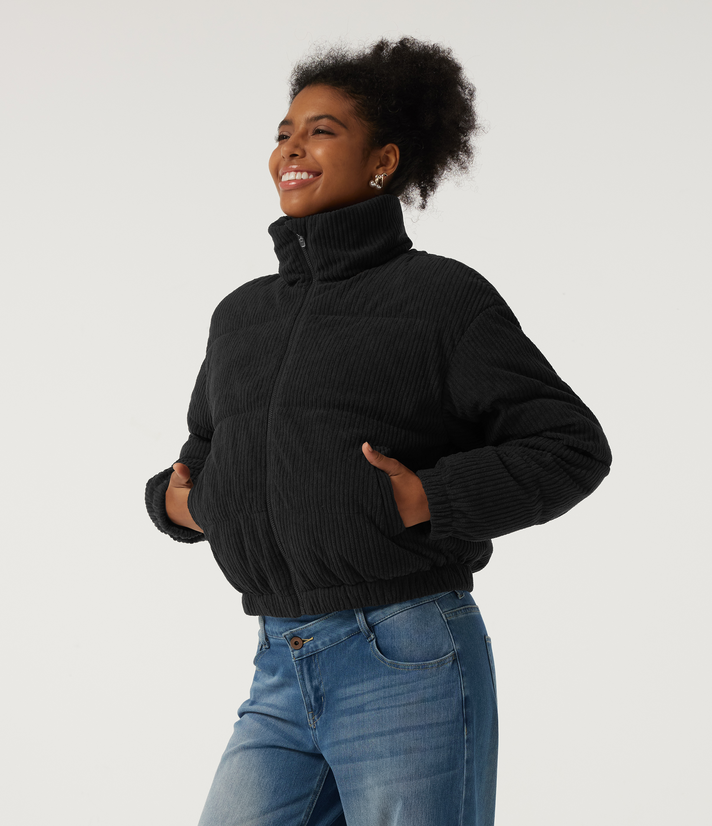 Stand Collar Corduroy Casual Puffer Jacket with Pockets
