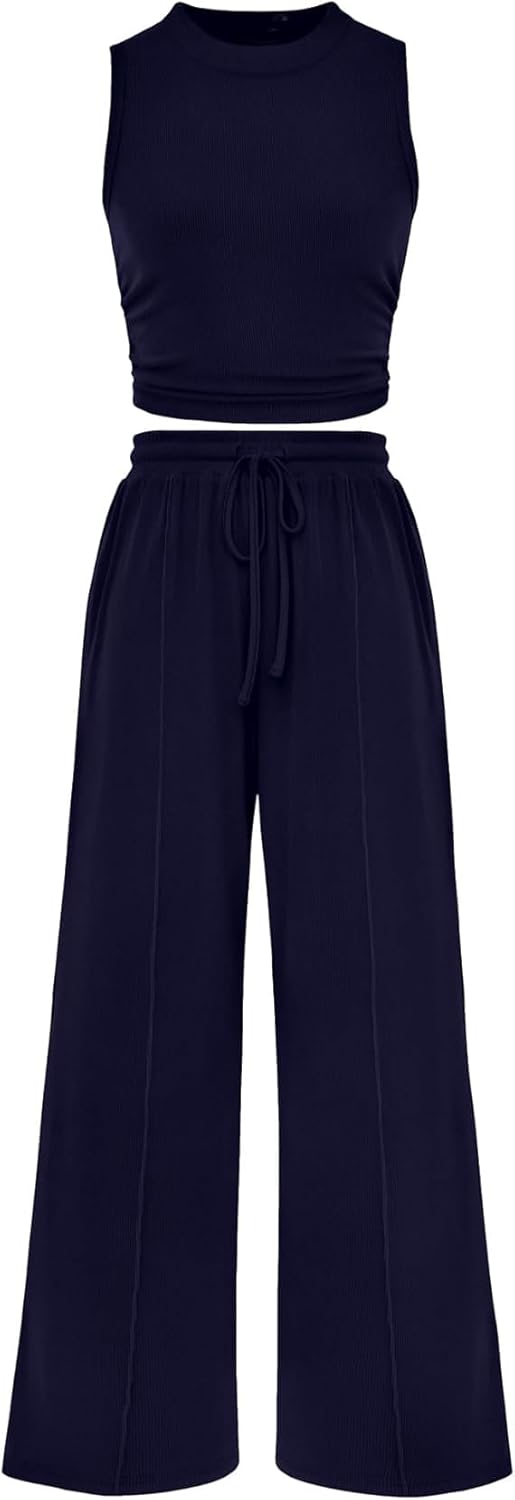 Women Summer 2 Piece Outfits Ribbed Knit Cropped Top Elastic Waist Wide Leg Pants Lounge Set