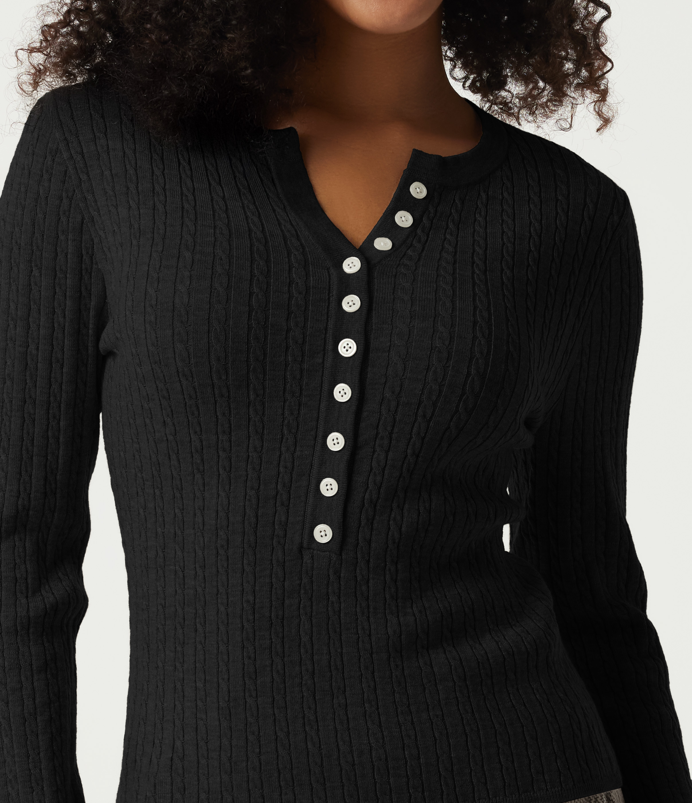 Henley Neck Cable Stitch Long Sleeve Work Sweater