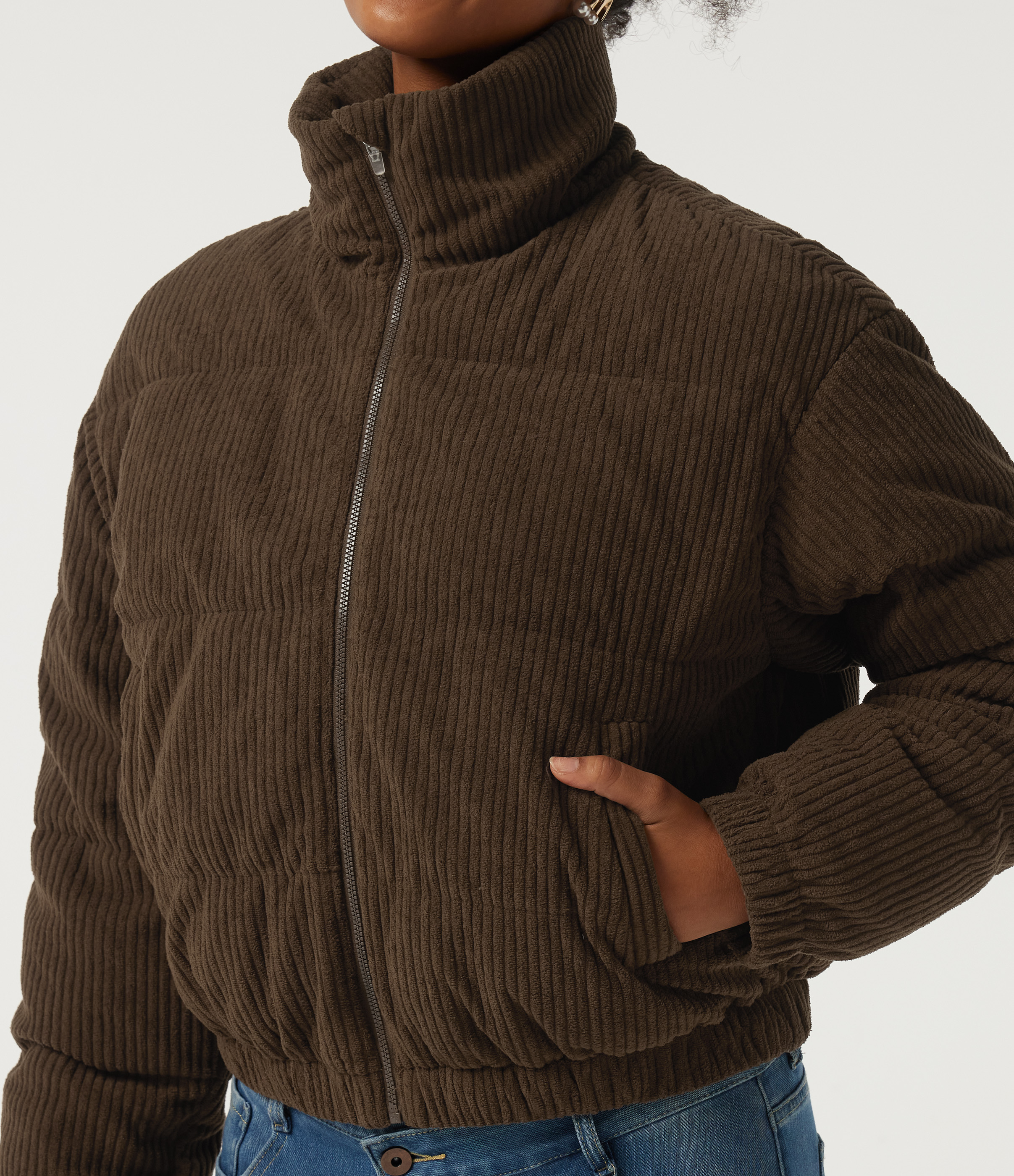 Stand Collar Corduroy Casual Puffer Jacket with Pockets