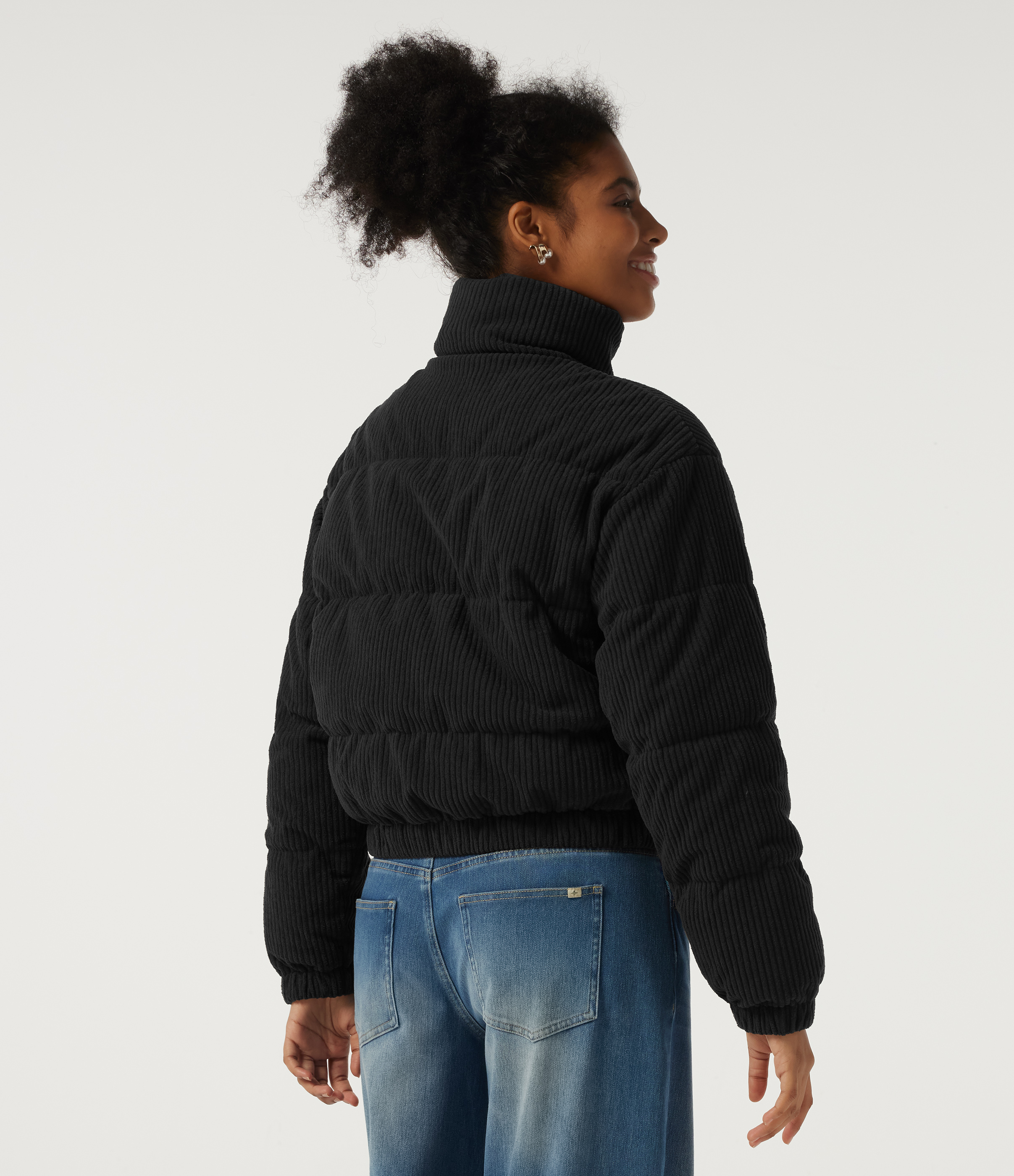 Stand Collar Corduroy Casual Puffer Jacket with Pockets